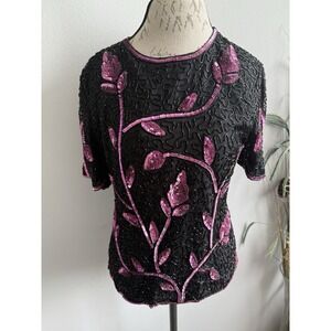 Vtg Stenay Beaded Top Womens‎ M Silk Pink Embellished Evening Wear Retro Glam